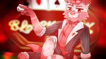  16:9 2025 accessory anthro arvo_(artist) bent_legs big_tail blazer blurred_background bottomwear card card_game civet clothed clothing collared_shirt detailed_background dress_pants dress_shirt ear_piercing facial_markings fluffy fluffy_tail fur furniture gaming gauged_ear hair half-length_portrait harsh_lighting head_markings head_tuft hi_res looking_at_viewer male mammal markings neru_michishige on_table open_clothing open_suit pants pattern_clothing piercing pin_accessory pink_body pink_fur playing_card poker_table portrait raised_arm red_body red_eyes red_fur red_hair red_light red_nose ring_piercing rolled_up_pants rolled_up_sleeves shirt sitting sitting_on_table slicked_back_hair smile smiling_at_viewer smirk smirking_at_viewer snout snout_markings solo spots spotted_body spotted_fur striped_body striped_clothing striped_fur striped_markings stripes suit suit_symbol table tail tan_body tan_fur text text_in_background topwear tuft viverrid watermark widescreen 