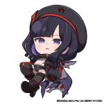 1girl belt beret black_belt black_boots black_gloves black_hair boots breasts bright_pupils chibi clothes_writing commentary cutoffs english_commentary eunhwa_(nikke) eunhwa_(tactical_upgrade)_(nikke) full_body gloves goddess_of_victory:_nikke grey_sports_bra hat high_heel_boots high_heels highres long_hair long_sleeves looking_at_viewer mole mole_under_mouth multicolored_hair navel no_nose official_art open_clothes open_mouth puffy_long_sleeves puffy_sleeves purple_eyes purple_hair shorts small_breasts solo sports_bra thighhighs totatokeke two-tone_hair white_background white_pupils 