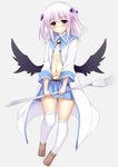  black_wings blue_eyes blush breasts coat fork hair_ribbon half-closed_eyes highres kusano_(torisukerabasu) long_sleeves looking_at_viewer midriff navel no_bra open_clothes open_coat original oversized_object ribbon silver_hair skirt small_breasts solo two_side_up wings 