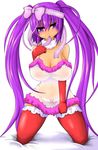  1girl areolae bare_shoulders beatmania beatmania_iidx breasts christmas curvy elbow_gloves female gloves hair_ornament highres kneeling large_breasts lingerie long_hair long_twintails mizushiro_celica mouth_hold navel nipples no_bra panties purple_eyes purple_hair red_panties see-through simple_background solo specialblue thighhighs twintails underwear white_background 