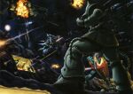  1980s_(style) a_baoa_qu artist_request assault_visor asteroid battle beam_rifle blue_visor cable damaged debris earth_federation_space_forces energy_gun energy_sword explosion firing fleet gelgoog gm_(mobile_suit) gun gundam gundam_perfect_file hangar hatch holding holding_gun holding_weapon machine_gun machinery magazine_scan mecha mecha_focus mobile_suit mobile_suit_gundam official_art painting_(medium) realistic retro_artstyle robot scan scene_reference science_fiction shield shoulder_spikes space spacecraft spikes sword traditional_media weapon zaku_ii zeon 