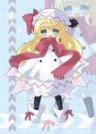  alternate_costume blonde_hair blue_background blue_eyes blush boots bow flower hat highres lily_white long_hair milkpanda open_mouth ribbon scarf smile solo touhou wings 