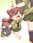  animal_ears barefoot black_hair brown_hair character_doll closed_eyes clothes_grab hand_on_another's_head kantai_collection kemonomimi_mode kitakami_(kantai_collection) kuroneko_liger long_hair multiple_girls ooi_(kantai_collection) school_uniform serafuku tail younger 