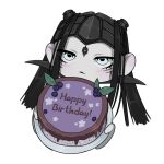  1girl bad_link black_hair blame! blush cake chibi food happy_birthday kuudere light_blush long_hair narrowed_eyes pcell simple_background solo sphenodaile white_background 