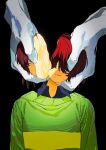  1other apple black_background brown_hair colored_skin deltarune food fruit green_sweater hands_on_another's_head highres kris_(deltarune) lantern_madoyoi out_of_frame red_eyes short_hair simple_background size_difference sliced split_head sweater upper_body utdr_(toby_fox) yellow_skin 