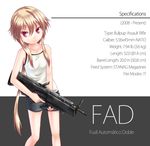  assault_rifle blonde_hair dreadtie english fad_assault_rifle gun highres jessica_jefferson legs long_hair looking_at_viewer original purple_eyes rifle shorts solo spanish translated trigger_discipline weapon 