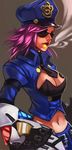  alternate_costume breasts cleavage cleavage_cutout gauntlets grey_background hat large_breasts league_of_legends long_hair midriff navel officer_vi pink_hair police police_hat police_uniform policewoman signature simple_background smoke smoking solo sunglasses uniform usagi_haku vi_(league_of_legends) 