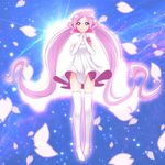  blue_background blue_eyes brooch cape elbow_gloves full_body gloves hands_clasped heartcatch_precure! heterochromia jewelry long_hair magical_girl mugen_silhouette own_hands_together peaceyj petals pink_hair precure red_eyes skirt smile solo thighhighs twintails white_gloves white_legwear white_skirt 