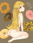  ass bad_id bad_pixiv_id barefoot blonde_hair blush character_name doughnut food from_behind golden_chocolate kura_(harapeco1029) long_hair monogatari_(series) nude oshino_shinobu plantar_flexion pointy_ears pon_de_ring sitting smile solo wariza yellow_eyes 