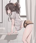  1girl absurdres ahoge aqua_eyes arched_back bathroom brown_hair brown_scrunchie brown_shorts closed_mouth commentary dolphin_shorts expressionless faucet feet_out_of_frame from_side grey_shirt hair_ornament hair_scrunchie highres hololive indoors leaning_forward leaning_on_object long_hair natsuiro_matsuri natsuiro_matsuri_(matsuri's_day_off) ponytail scarlet_(wv0102) scrunchie shirt short_shorts short_sleeves shorts sink solo standing symbol-only_commentary tile_wall tiles virtual_youtuber 