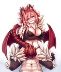  1girl abs animal_ear_fluff animal_ears bikini biting blush braid breast_hold breasts cleavage clothed_female_nude_male eyelashes femdom girl_on_top hair_intakes head_tilt hetero highres large_breasts lip_biting manticore_(monster_girl_encyclopedia) monorus monster_girl monster_girl_encyclopedia navel nude pink_hair prehensile_tail pussy_juice red_eyes red_wings sex single_braid solo_focus straddling swimsuit tail tailjob thighhighs wings 