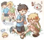 !? 2boys absurdres aged_down alternate_costume antenna_hair arrow_(symbol) bandaid basil_(faraway)_(omori) basil_(omori) black_eyes black_hair black_shorts blonde_hair blue_eyes blue_shirt blue_shoes brown_shoes brown_shorts chibi cotton_swab crying english_text first_aid_kit flower green_shirt hair_flower hair_ornament highres kneeling looking_at_another male_focus multiple_boys omori open_mouth scraped_knee shirt shoes short_hair shorts sitting sneakers socks speech_bubble sunny_(omori) sweat t-shirt thatbirdcanfly untied_shoelaces white_socks 
