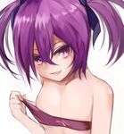  aisha_(elsword) bandeau colored_eyelashes cucurbita elsword grin hair_ribbon md5_mismatch naughty_face purple_eyes purple_hair ribbon short_hair smile solo twintails undressing upper_body void_princess_(elsword) white_background 