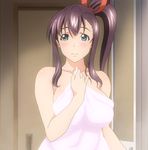  1girl amaya_haruko aqua_eyes blush breasts large_breasts long_hair looking_at_viewer maken-ki! ponytail purple_hair screencap smile towel 