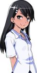  774_(nanashi) arms_behind_back black_eyes black_hair hair_ornament hairclip ijiranaide_nagatoro-san jpeg_artifacts long_hair looking_at_viewer nagatoro simple_background smile solo white_background 