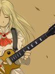  ascot blonde_hair brown_background closed_eyes electric_guitar fingerless_gloves gloves guitar instrument leaf lili_(tekken) long_hair pleasure-treasure simple_background solo tekken 