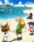  1other 3girls 4boys adelbert_steiner alternate_costume amarant_coral aqua_shoes arm_behind_head ball beach beachball bird blonde_hair blue_hair blue_shirt bottle brown_hair burmecian chocobo claws collared_shirt colored_skin creature dreadlocks ears_through_headwear eiko_carol envelope final_fantasy final_fantasy_ix flower fork freya_crescent garnet_til_alexandros_xvii green_shirt grey_shorts grey_skin hair_flower hair_ornament hair_over_eyes hat hawaiian_shirt highres holding holding_ball holding_bottle holding_envelope holding_fork holding_hands horns jas_(jasjasjasart) long_hair low-tied_long_hair moogle mouse_girl multiple_boys multiple_girls orange_shirt orange_shoes pink_shirt print_shirt quina_quen red_hair sandals shirt shoes shorts single_horn straw_hat tail_raised tongue tongue_out vivi_ornitier white_hair zidane_tribal 