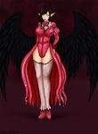 big_breasts black_feathers black_horn black_wings bow breasts brown_hair dress elf_ears eliana-asato feathers female hair horn human legwear long_hair mammal pale_skin pink_dress pink_shoes red_lips shoes solo standing stockings tentackes tentacles white_eyes wings 