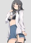  amami_amayu black_bra black_hair blush bra garter_straps kantai_collection looking_at_viewer open_clothes shiny shiny_skin shirt short_hair simple_background skirt solo takao_(kantai_collection) thighhighs underwear undressing white_shirt 