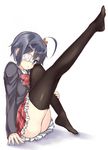  ahoge bad_id bad_nicoseiga_id black_hair black_legwear blazer blue_eyes blush chuunibyou_demo_koi_ga_shitai! eyepatch hair_ribbon jacket kyuuma_(shimashima521) leg_up looking_at_viewer one_side_up plaid plaid_skirt ribbon school_uniform short_hair skirt solo takanashi_rikka thighhighs 