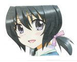  black_hair blush colored_pencil_(medium) d-frag! funabori graphite_(medium) hair_ribbon jinjin-roririn looking_at_viewer open_mouth portrait purple_eyes ribbon short_hair short_twintails simple_background smile solo traditional_media twintails white_background 