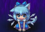  animal_ears arm_support bad_id bad_pixiv_id blue_eyes blue_hair bow cat_ears cat_tail cirno dress gradient gradient_background hair_bow ice ice_wings kemonomimi_mode l_(negaeru) looking_at_viewer open_mouth purple_background ribbon short_hair short_sleeves sitting solo tail tears touhou wariza wings 