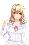  1girl blonde_hair breasts fujisaka_kuuki game_cg highres large_breasts long_hair looking_at_viewer shindan_no_kekka_sore_wa_koi_no_yamai_desu simple_background smile solo white_background yellow_eyes 