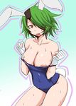  animal_ears areolae badhand breasts bunny_ears bunny_tail cleavage gloves green_hair highres large_breasts looking_at_viewer one-piece_swimsuit open_mouth otonashi_kiruko school_swimsuit shinmai_fukei_kiruko-san short_hair solo swimsuit tail 