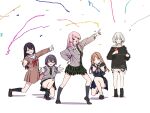  >_< 5girls bandaid bandaid_on_knee bandaid_on_leg bang_dream! bang_dream!_it's_mygo!!!!! black_hair black_shirt black_shoes black_socks blue_eyes blue_shirt blue_skirt blush brown_dress brown_hair chihaya_anon closed_mouth commentary confetti diagonal-striped_clothes diagonal-striped_necktie dress fang green_necktie green_skirt grey_hair grey_jacket grey_neckerchief hanasakigawa_school_uniform hand_on_own_hip haneoka_school_uniform hashtag-only_commentary heterochromia highres jacket kaname_raana kneehighs kneeling layered_sleeves long_hair long_sleeves medium_hair mole mole_under_eye multiple_girls mygo!!!!!_(bang_dream!) nagasaki_soyo neckerchief necktie open_mouth party_popper peke_(pekeiscat) pink_hair plaid_clothes plaid_skirt pleated_skirt pointing pointing_up purple_eyes sailor_dress school_uniform shiina_taki shirt shoes short_hair short_over_long_sleeves short_sleeves simple_background skirt socks striped_clothes sweatdrop takamatsu_tomori tsukinomori_school_uniform white_background white_hair white_shirt wolf_cut yellow_eyes 