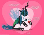  blue_eyes changeling crown duo equine eyes_closed female fluffle_puff fluffy friendship_is_magic fur green_hair hair horn horse hug mammal mixermike622 mouth_hold my_little_pony pink_fur pink_hair pony queen_chrysalis_(mlp) royalty tiara wings 