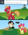 apple_bloom_(mlp) big_macintosh_(mlp) black_hair blonde_hair bow bush clothed clothing comic cowboy_hat crossbow crossover cutie_mark dan dan_vs equine female feral freckles friendship_is_magic fur green_eyes hair hat horse human male mammal mixermike622 my_little_pony pony ranged_weapon red_fur red_hair sibling weapon yellow_fur 