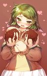  animal_ears bare_shoulders blush breasts chocolate chocolate_covered danbo_(rock_clime) green_eyes green_hair hands_together heart highres kasodani_kyouko large_breasts looking_away open_mouth shirt_pull short_hair skirt solo touhou valentine 
