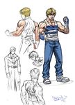  blonde_hair character_sheet cody_travers collage denim diepod facial_hair final_fight fingerless_gloves gloves highres jeans muscle pants solo street_fighter striped stubble tank_top trench_coat 