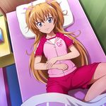  bed blush closed_mouth female gym_uniform houjou_hibiki laying_on_bed long_hair mont_blanc_(heartcatch_ayaya) orange_hair pillow precure raglan_sleeves shorts smile solo suite_precure 