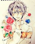  1boy blue_eyes blue_flower blue_rose blush finger_to_own_chin flower hair_between_eyes hand_up jacket light_smile long_sleeves looking_at_viewer male_focus mizuki_hajime narrowed_eyes painting_(medium) parted_bangs purple_hair red_flower red_rose rose short_hair solo suiku15 tennis_no_ouji-sama track_jacket traditional_media upper_body watercolor_(medium) wavy_hair white_background white_flower white_jacket white_rose 