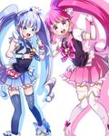  aino_megumi blue_eyes blue_hair blue_legwear blue_skirt boots bow crown cure_lovely cure_princess happinesscharge_precure! heart long_hair looking_at_viewer mofun multiple_girls open_mouth pink_bow pink_eyes pink_hair pink_skirt ponytail precure shirayuki_hime skirt thigh_boots thighhighs twintails white_background wide_ponytail 