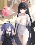  2girls absurdres aged_down bag balloon black_dress black_hair black_halo blue_archive blunt_bangs blush breasts bright_pupils choker cleavage collarbone dongtan_dress doodle_sensei_(blue_archive) dress earrings hair_ornament hairclip halo handbag highres holding holding_balloon holding_hands jewelry large_breasts long_hair mechanical_halo multicolored_halo multiple_girls naze236 parted_lips purple_hair red_eyes red_halo rio_(blue_archive) sensei_(blue_archive) shirt thighs two-tone_halo two_side_up very_long_hair white_dress white_pupils white_shirt yuuka_(blue_archive) 
