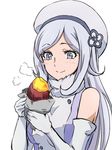  aila_jyrkiainen arm_warmers bare_shoulders beret blush detached_sleeves eating eyelashes food fur_trim gloves gundam gundam_build_fighters happy hat long_hair silver_eyes silver_hair simple_background sketch smile solo sweet_potato tsukikage_oyama white_background white_gloves yakiimo 