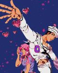  1boy 1girl arbitrium black_hair blowing_bubbles blue_background blue_shirt bubble chewing_gum collarbone compass_rose dixie_cup_hat english_commentary hair_bobbles hair_ornament hand_up hat heart higashikata_josuke_(jojolion) highres hirose_yasuho jojo_no_kimyou_na_bouken jojolion long_sleeves military_hat pink_hair pink_petals sailor sailor_collar sailor_hat shirt short_hair short_sleeves white_hair white_hat white_sailor_collar white_shirt 
