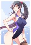  black_hair breasts competition_swimsuit covered_navel dated e20 hand_on_hip hand_on_thigh highleg highleg_swimsuit kantai_collection large_breasts long_hair one-piece_swimsuit parted_lips petals ponytail single_thighhigh solo swimsuit thighhighs twitter_username yahagi_(kantai_collection) 