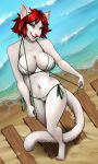  anthro beach big_breasts bikini blue_eyes breasts cat cleavage clothed clothing detailed_background digital_media_(artwork) feline female footprints fur hair looking_at_viewer mammal navel pink_nose red_hair robyn_paperdoll saree seaside short_hair smile solo standing swimsuit thick_thighs voluptuous white_fur wide_hips 