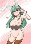  ;) animal_ears badhand blush breasts bunny_ears bunny_tail condom condom_in_mouth corset fake_animal_ears green_eyes green_hair hair_ornament hairclip heart highres kantai_collection large_breasts long_hair looking_at_viewer mouth_hold navel nipples one_eye_closed smile solo suzuya_(kantai_collection) tail thighhighs v wrist_cuffs 