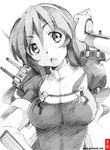  ashigara_(kantai_collection) breasts gofu greyscale kantai_collection long_hair looking_at_viewer medium_breasts monochrome open_mouth simple_background solo spot_color white_background 