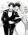  2girls 5boys alternate_costume animal blush bouquet bow bowtie bridal_veil character_request check_character chibi commentary couple dress english_commentary english_text fushiguro_megumi gojou_satoru greyscale heart hetero highres holding holding_bouquet itadori_yuuji jujutsu_kaisen kugisaki_nobara locked_arms long_sleeves monochrome multiple_boys multiple_girls muscular muscular_female okkotsu_yuuta one_eye_closed panda panda_(jujutsu_kaisen) pants partially_colored qeanoya scar scar_on_face smile speech_bubble suit veil wedding wedding_dress zen&#039;in_maki 