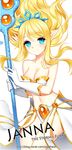  aqua_eyes bare_shoulders blonde_hair blush breasts character_name cleavage english janna_windforce league_of_legends long_hair medium_breasts navel opalheart pointy_ears simple_background smile solo staff watermark web_address white_background 