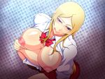  1girl areolae blonde_hair blue_eyes blush breasts breasts_outside highres huge_breasts legs long_hair looking_at_viewer munmun_dou naughty_face nipples no_bra open_clothes saliva sitting skirt smile solo thighs tongue 