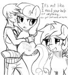  bonbon_(mlp) clothed clothing cutie_mark dialog equine female friendship_is_magic group horn horse hug human lyra_(mlp) lyra_heartstrings_(mlp) male mammal mewball monochrome my_little_pony plain_background pony simple_background smirk text tsundere unicorn white_background wounded 