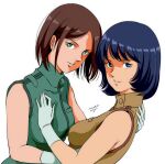  2girls aeug black_hair blue_eyes blue_hair breasts brown_hair emma_sheen fa_yuiry gloves green_eyes gundam highres looking_at_viewer military military_uniform multiple_girls open_mouth pgmajimaji science_fiction short_hair simple_background sleeveless smile upper_body white_background white_gloves zeta_gundam 