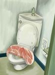  bad_pixiv_id bathroom food meat no_humans original poto_(relax_time) pun still_life toilet too_literal 