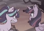  angry animal animal_focus clenched_teeth commentary derivative_work eye_contact floating_hair horns horse long_hair looking_at_another multicolored_hair my_little_pony my_little_pony:_friendship_is_magic no_humans pony_(animal) ponytail purple_eyes purple_hair sanjiro_(tenshin_anman) screenshot_redraw single_horn starlight_glimmer streaked_hair teeth twilight_sparkle unicorn winged_unicorn wings 